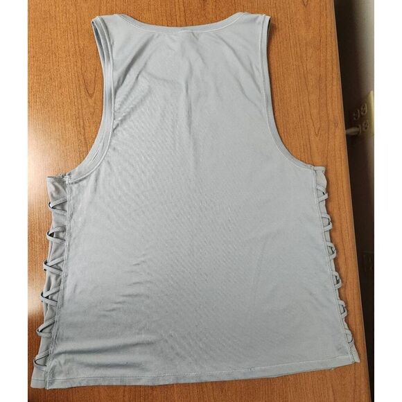 💕Victoria Secret Sport LARGE Tank Top Gray Criss Cross Mesh Sides Round Neck - Picture 4 of 5